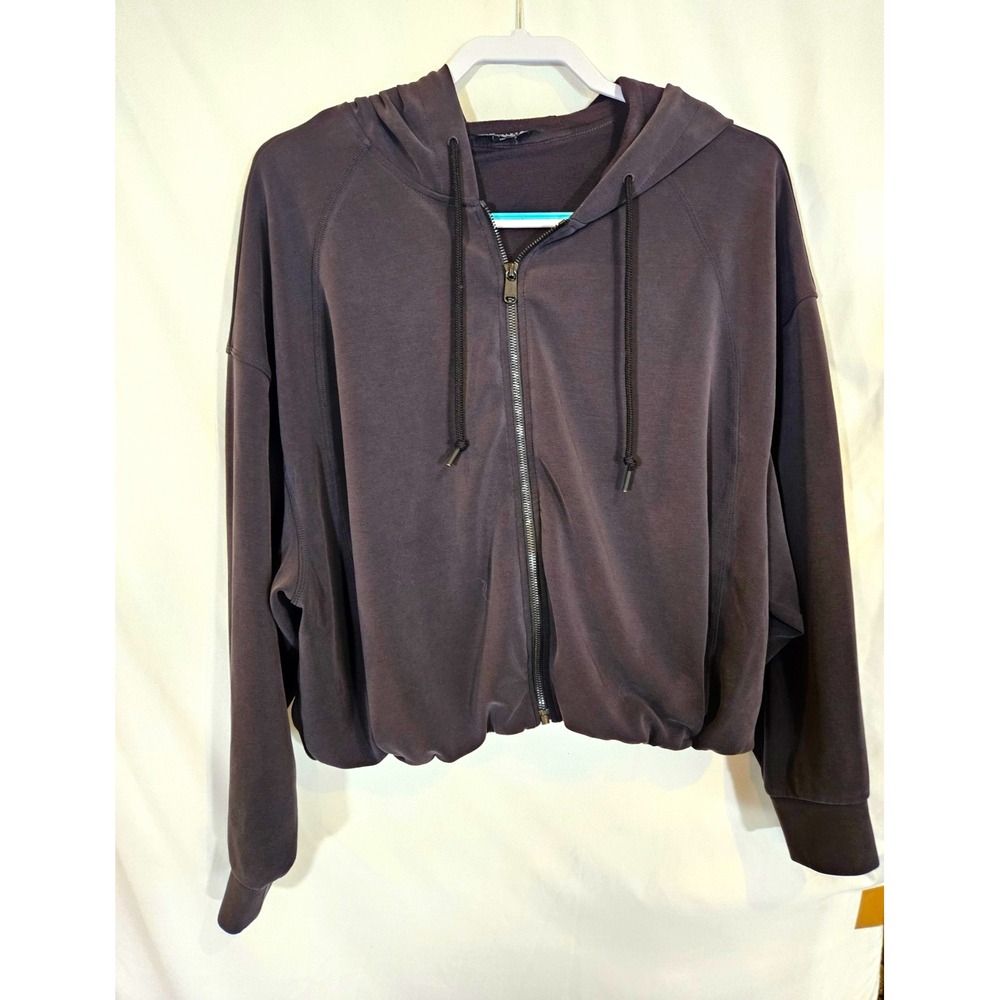 Athleta Seasoft Full Zip Hoodie Women XL Black Tencel Modal Bubble Hem Jacket
